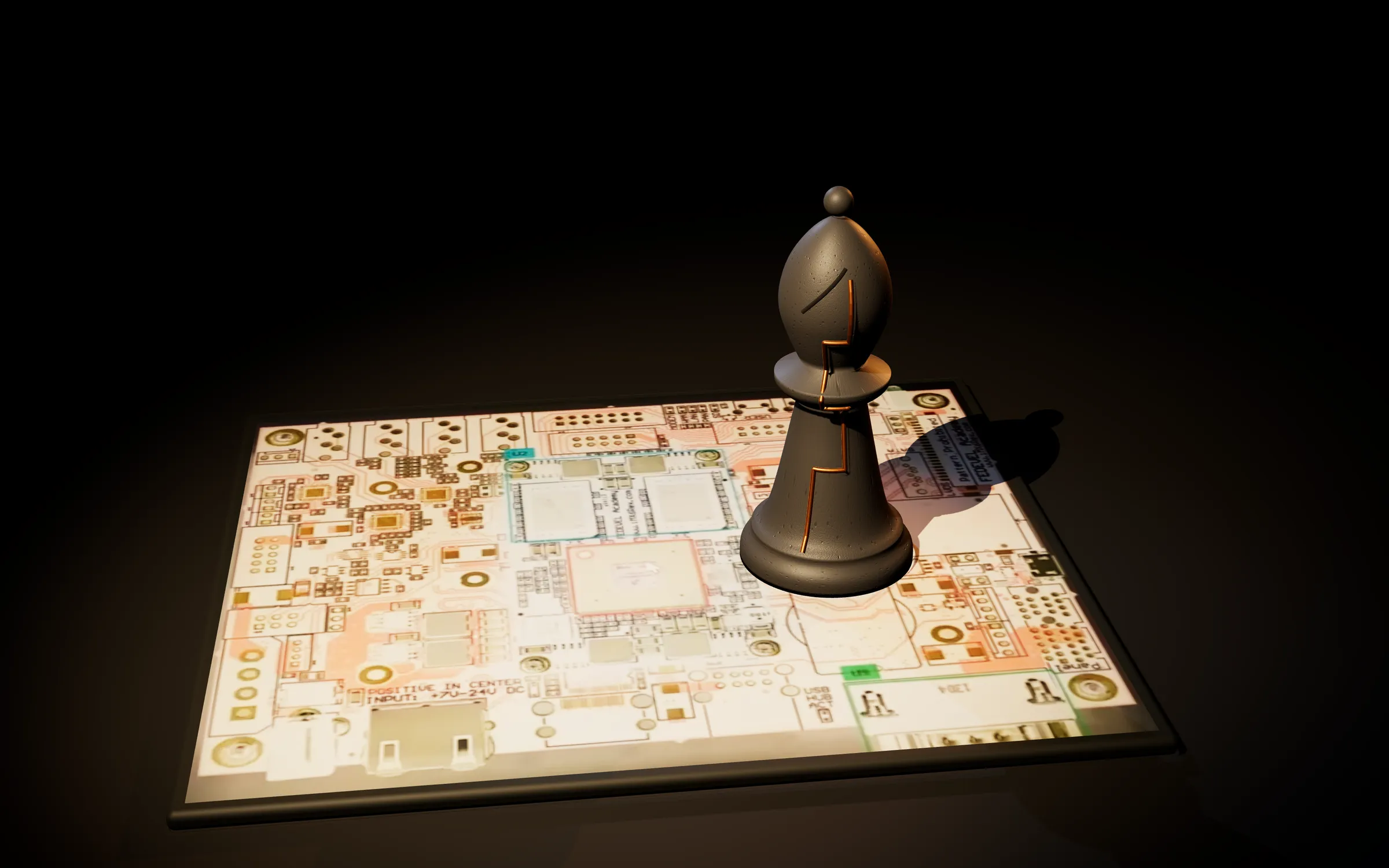 The inspected circuit board as a plate on the gallery floor, with the basalt bishop and its copper trace standing on it.