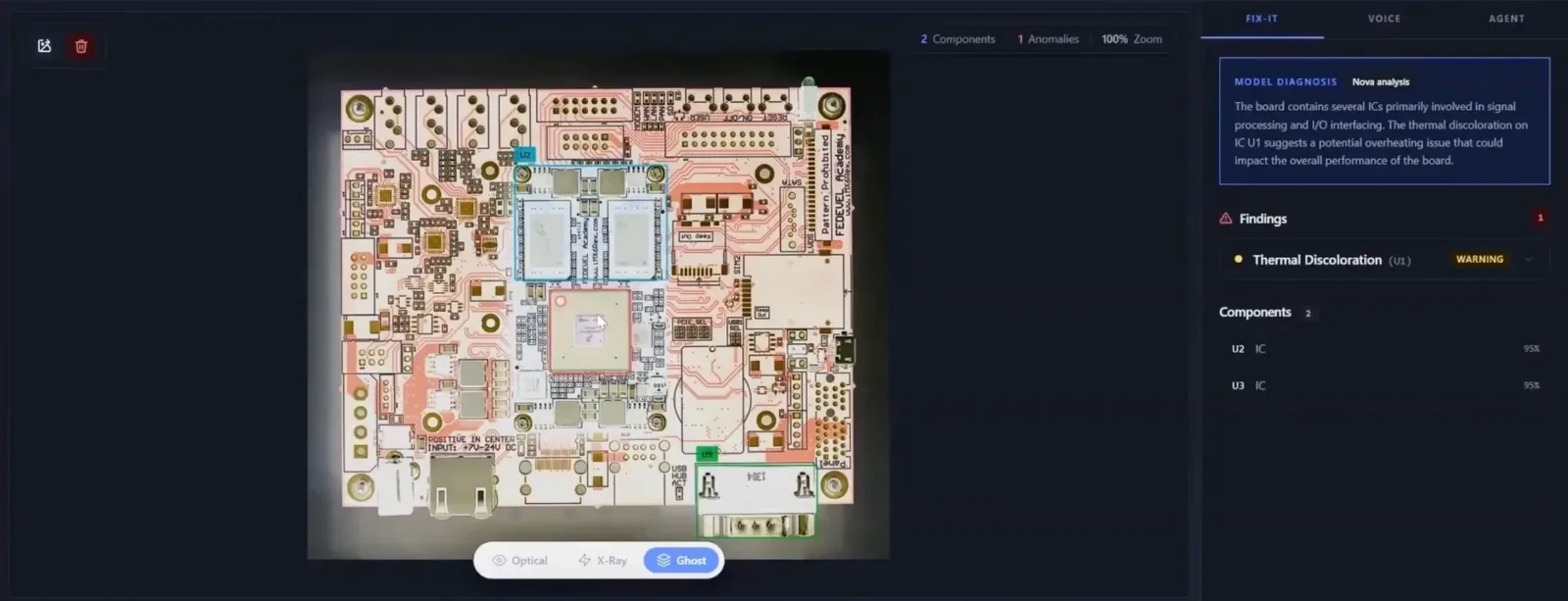 CircuitMindAI inspecting a PCB photo: components U2 and U3 are outlined, and the model's diagnosis flags thermal discolouration on IC U1 as a warning.
