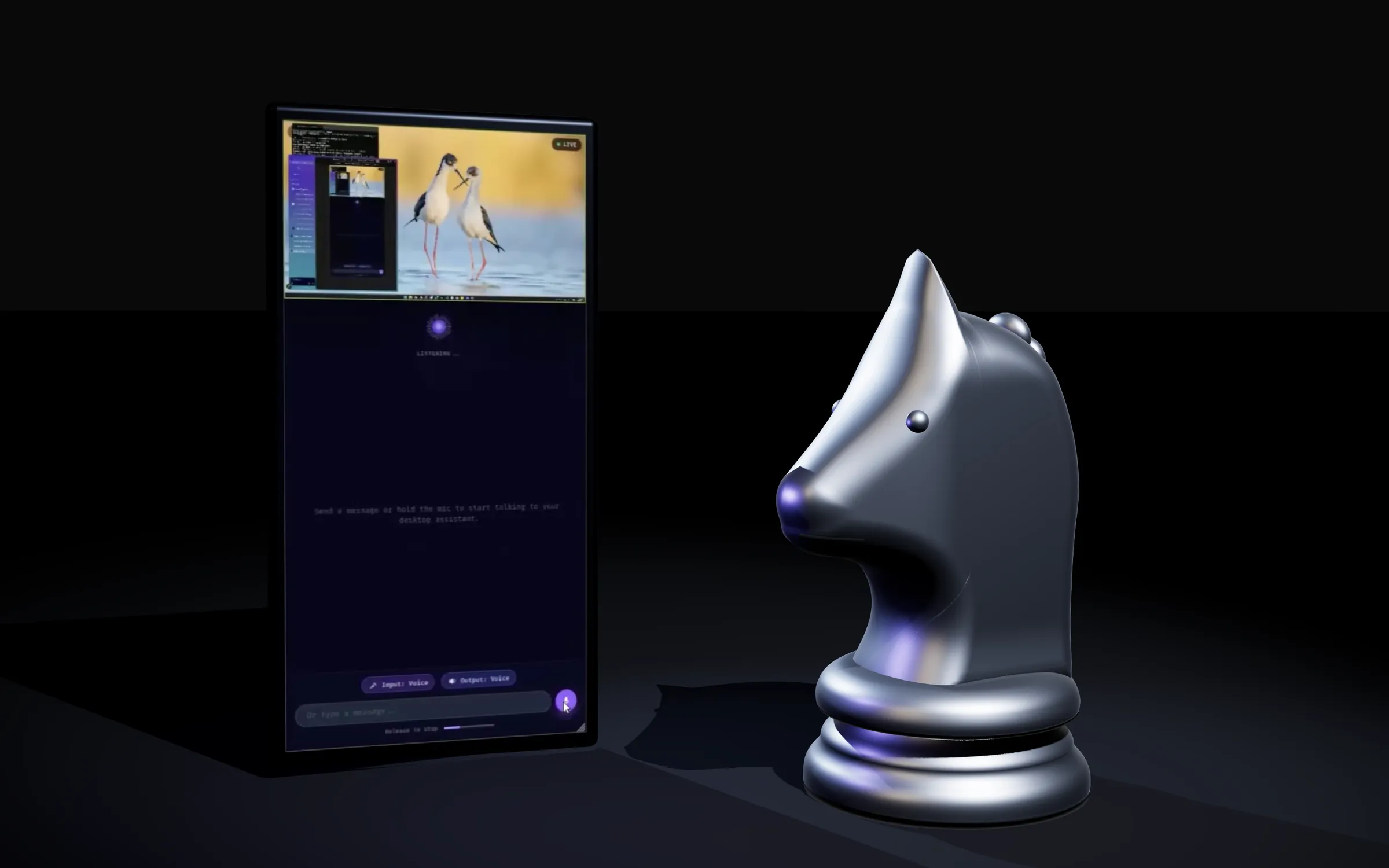 A phone standing on the gallery floor, showing a live Teleportal session, with the aluminium knight beside it.