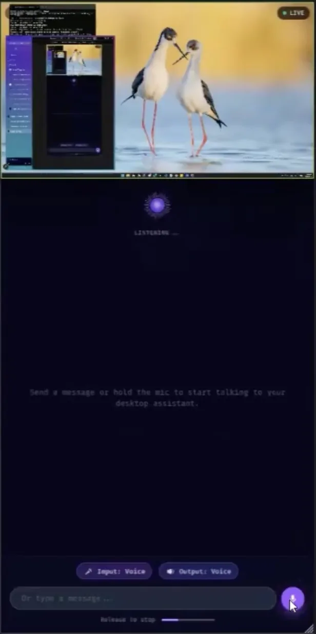 Teleportal on a phone during a session: the desktop's screen streams live at the top while the assistant listens, with voice input and output on.