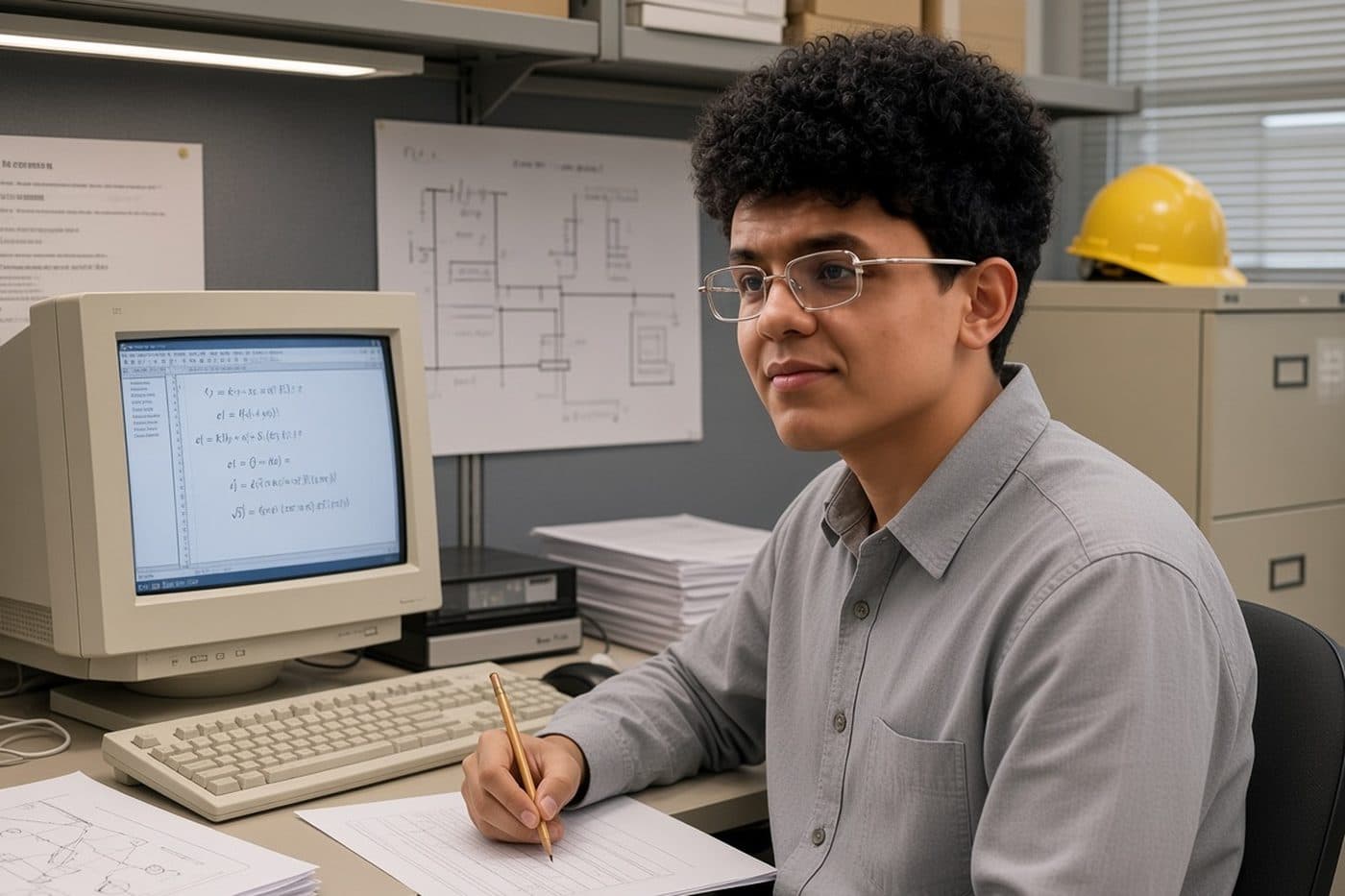 Artist's impression: an engineer at a CRT, MathCAD open, a quieter lab than the one he chose.