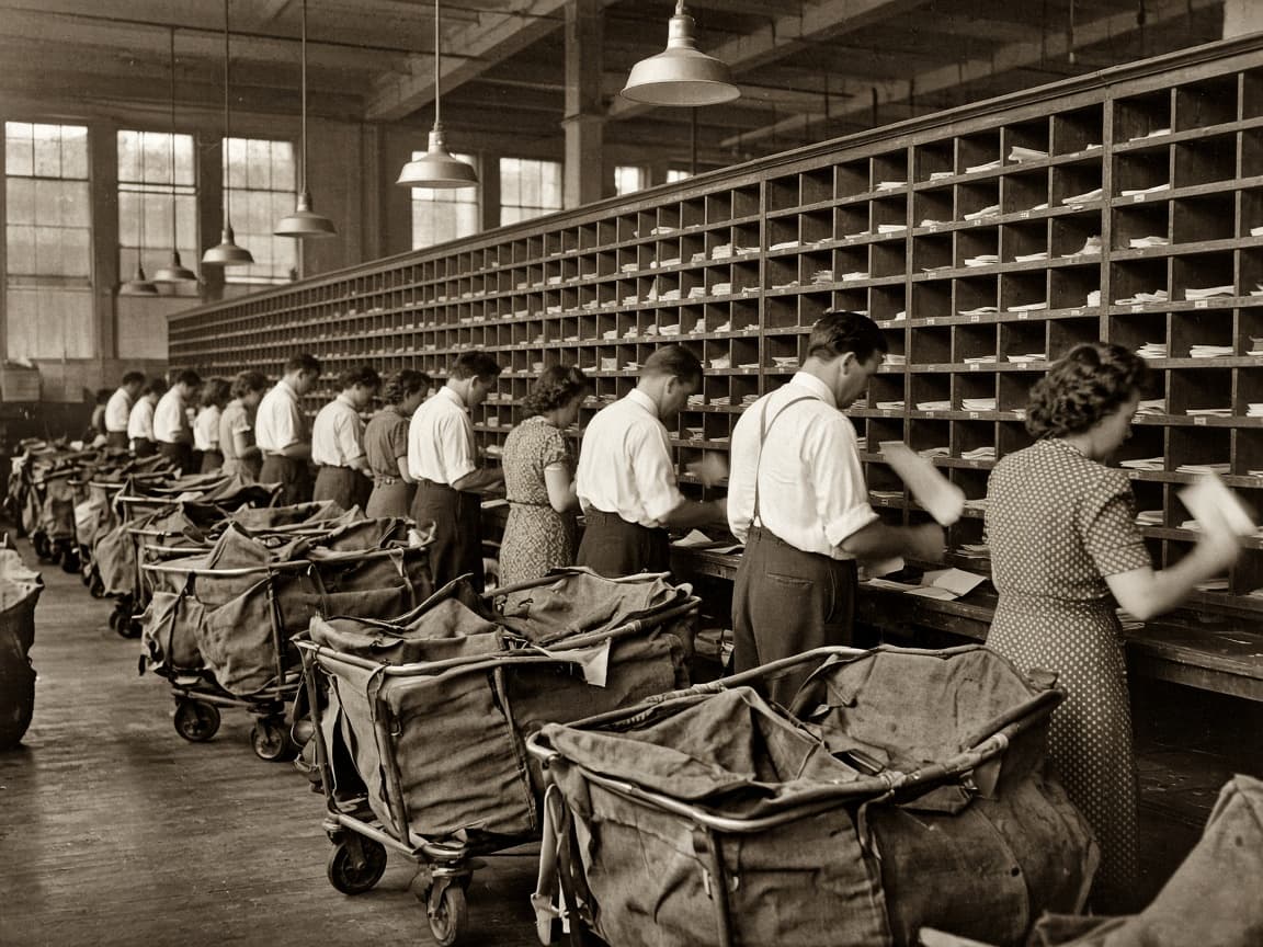 Halftone photograph: a mail-sorting hall, pigeonholes stretching into the distance.