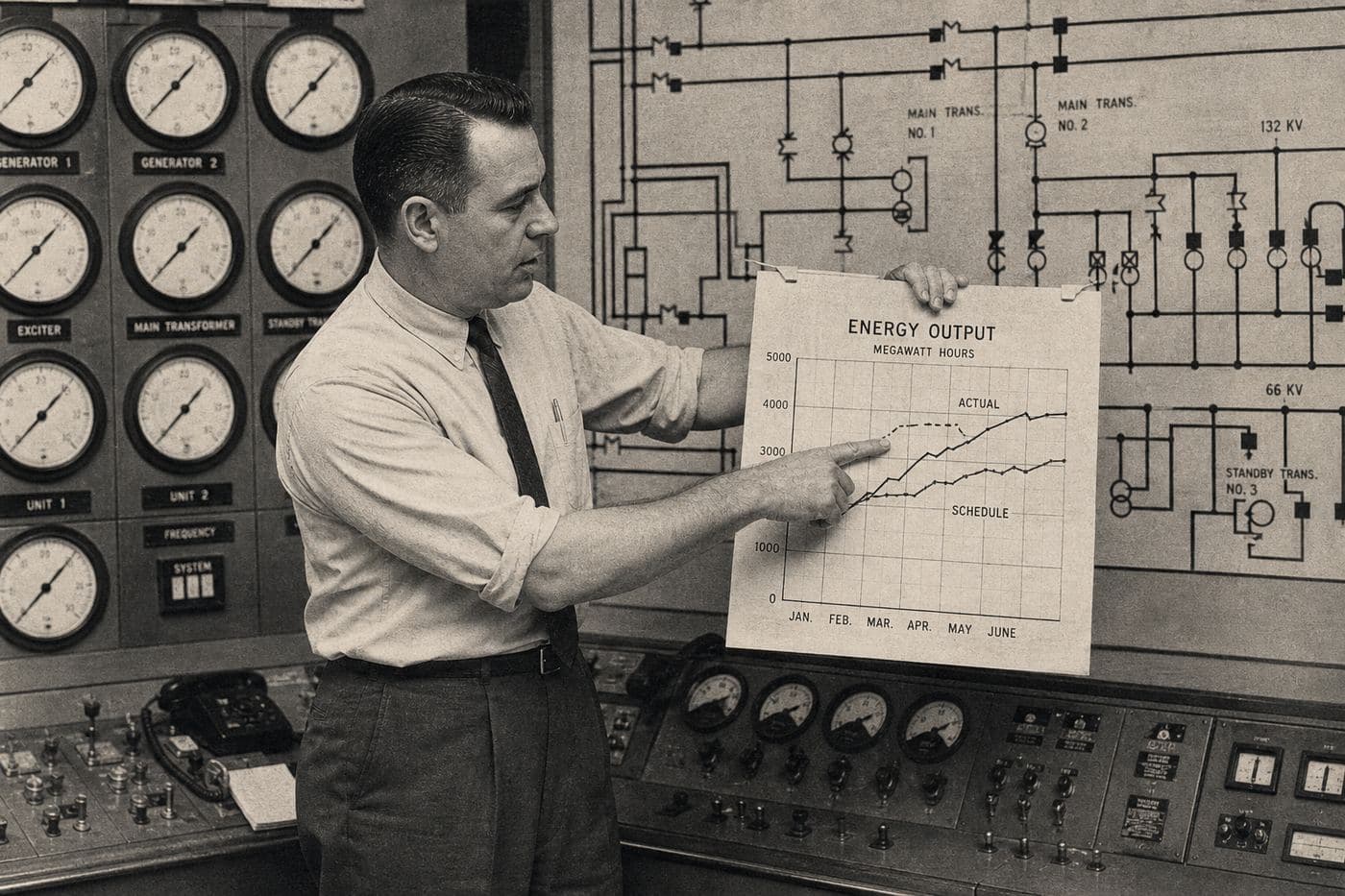 Halftone photograph: an engineer at a drafting table, an infrastructure drawing unrolled before him.