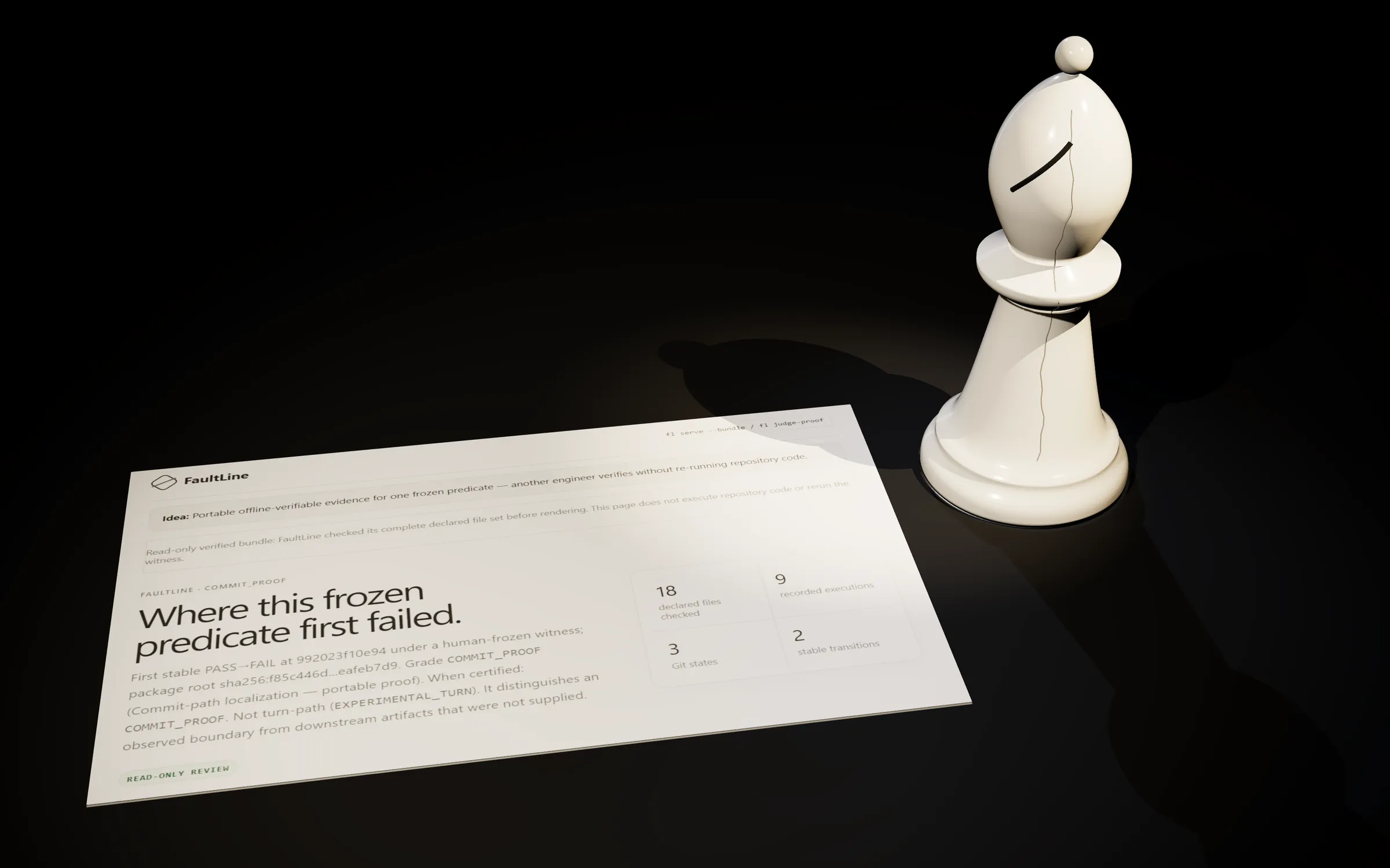FaultLine's proof page printed as a sheet on the gallery floor, with the cracked porcelain bishop standing at its edge.
